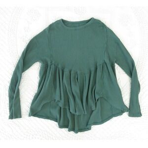 We The Free People XS Green Ruffle Hem Thermal Waffle Knit Top Beachy Peplum